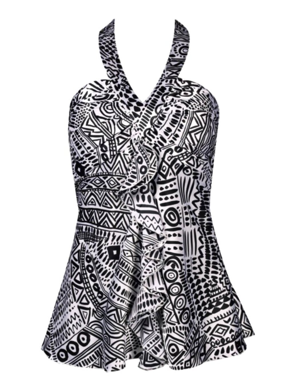 Spense Halter Open Back Ruffled Multi-Print Jersey Top